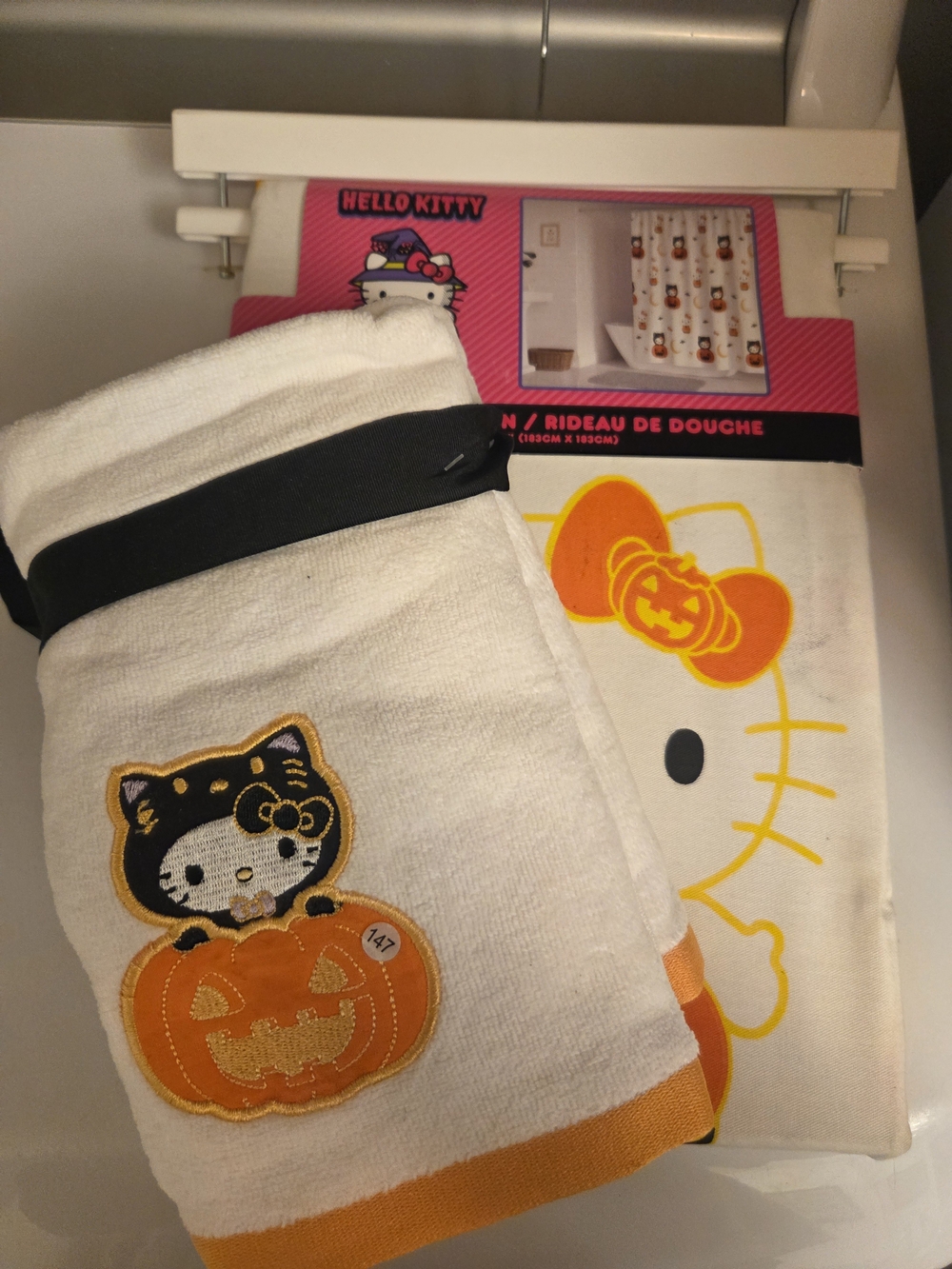Hello KittyHalloween Towel and Shower Curtain Set- White & Orange